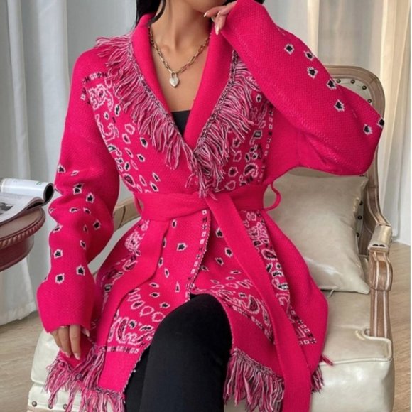 Fringe detailed Paisley belted Sweater Knit Cardigan Hot Pink - Picture 6 of 7